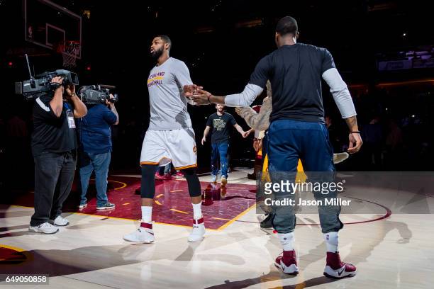 Tristan Thompson of the Cleveland Cavaliers walks onto the court during the player introduction prior to the game against the Denver Nuggetsat...