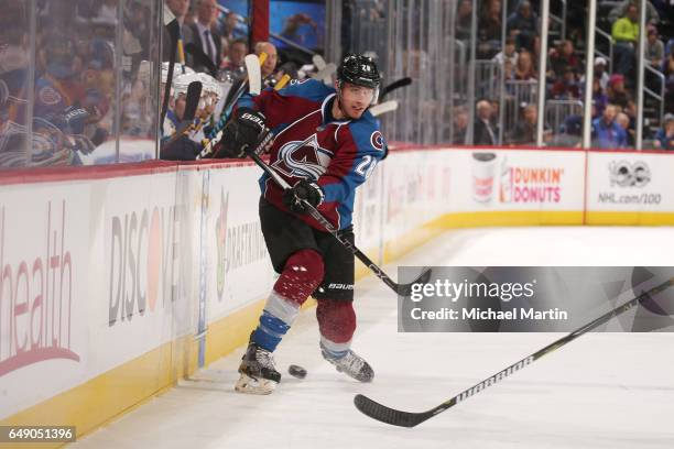 Patrick Wiercioch of the Colorado Avalanche skates against the St. Louis Blues at the Pepsi Center on March 5, 2017 in Denver, Colorado. The Blues...