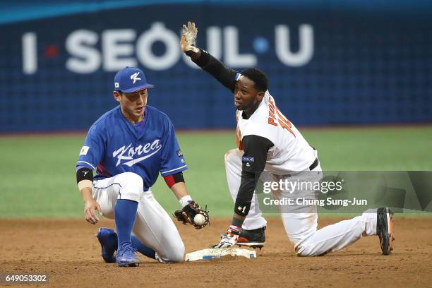 Jurickson Profar of the Netherlands steals second base in the fifth inning during the World Baseball Classic Pool A Game Three between South Korea...