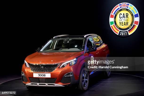 The Peugeot 3008, Car of the Year 2017, is displayed during the 87th Geneva International Motor Show on March 7, 2017 in Geneva, Switzerland. The...