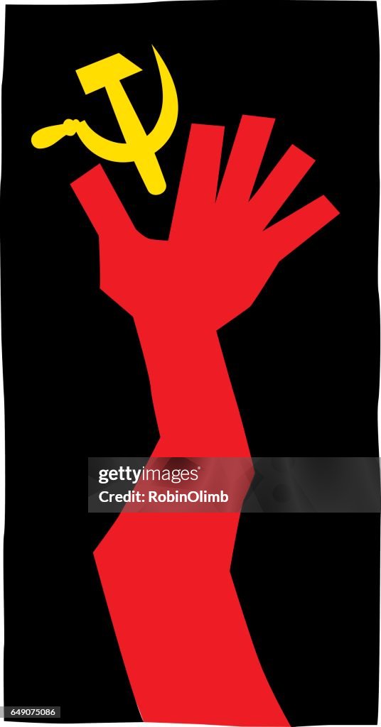 Rote Hand Griff nach Hammer und Sichel