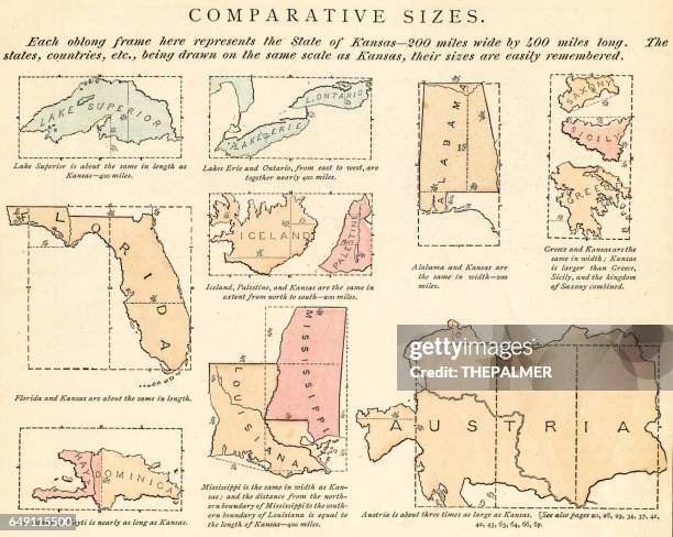 comparative sizes map 1875 - alabama stock illustrations