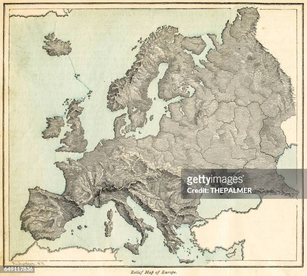 europe relief map 1875 - relief carving stock illustrations