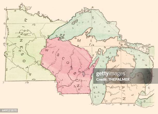 usa states map 1875 - minnesota and wisconsin map stock illustrations