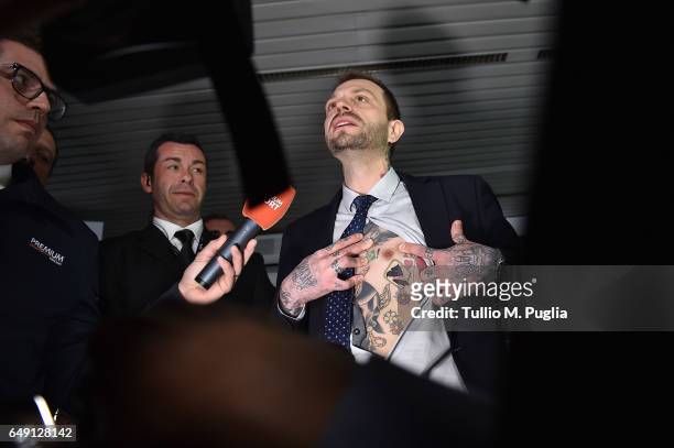 Paul Baccaglini new President of US Citta' di Palermo shows a tatoo diplaying a logo of Palermo during a press conference at Renzo Barbera Stadium on...