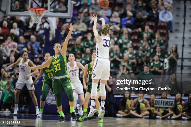 Katie Lou Samuelson of the Connecticut Huskies hits one of her ten three pointers in a row during the USF Vs UConn, American Athletic Conference...
