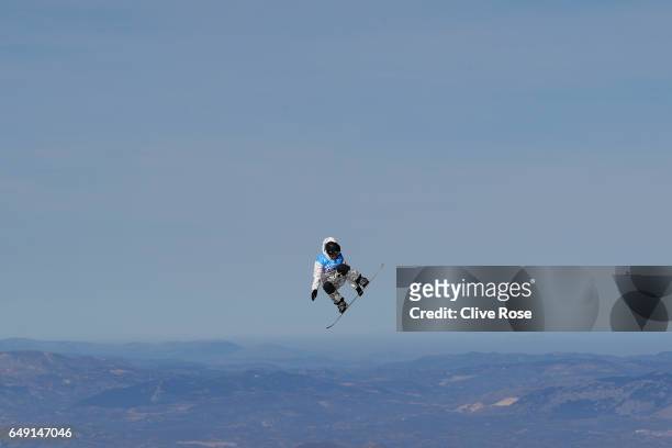 Competitor in action during slopestyle training during previews of the FIS Freestyle Ski & Snowboard World Championships on March 7, 2017 in Sierra...