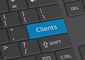 A 3D illustration of the word Clients written on the keyboard
