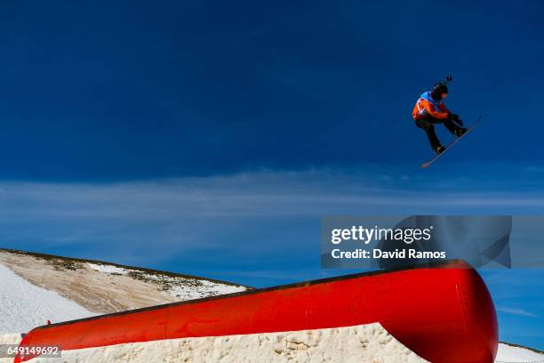 An athlete makes a run during slopestyle training during previews of the FIS Freestyle Ski & Snowboard World Championships 2017 on March 7, 2017 in...