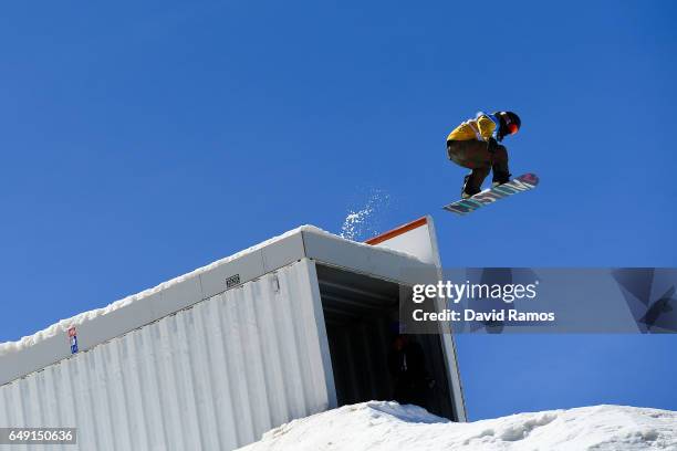 An athlete makes a run during slopestyle training during previews of the FIS Freestyle Ski & Snowboard World Championships 2017 on March 7, 2017 in...