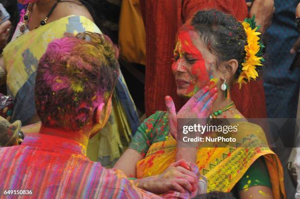 Rabindra Bharati University Students celebrating Basanta Utsav and Holi ,Color Festival at the Jorasanko Rabindra Bharati University campus on March...