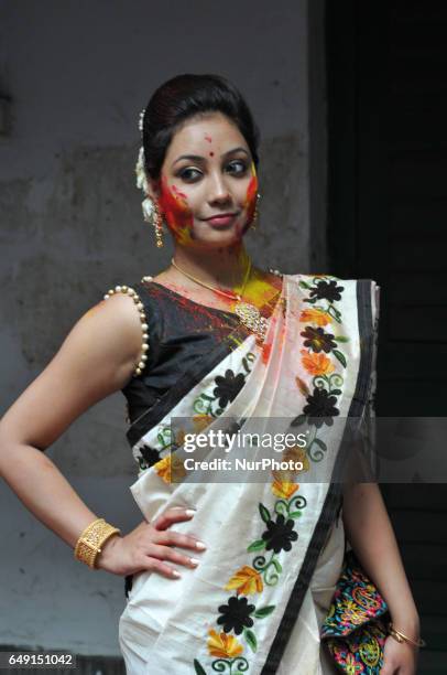 Rabindra Bharati University Students celebrating Basanta Utsav and Holi ,Color Festival at the Jorasanko Rabindra Bharati University campus on March...