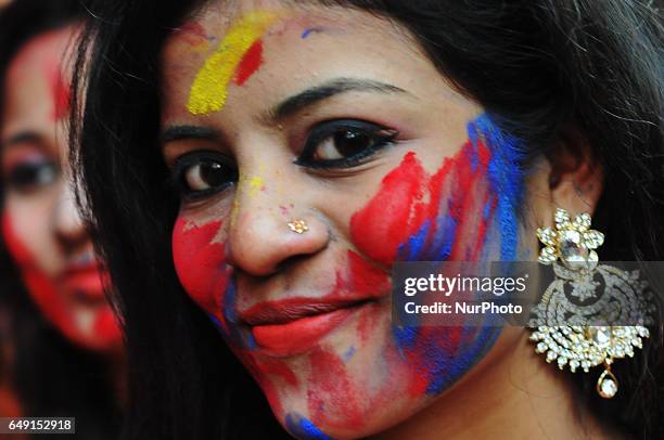 Rabindra Bharati University Students celebrating Basanta Utsav and Holi ,Color Festival at the Jorasanko Rabindra Bharati University campus on March...