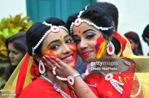 Rabindra Bharati University Students celebrating Basanta Utsav and Holi ,Color Festival at the Jorasanko Rabindra Bharati University campus on March...