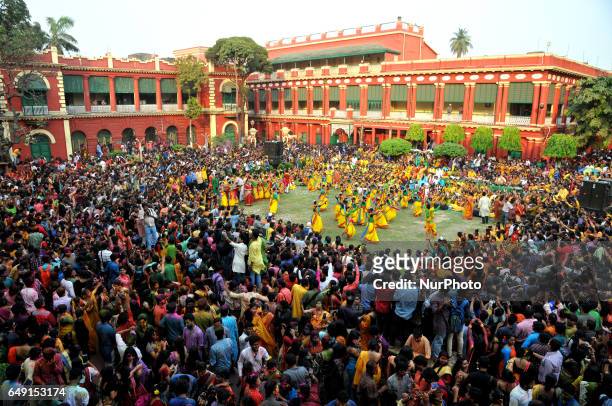 Rabindra Bharati University Students celebrating Basanta Utsav and Holi ,Color Festival at the Jorasanko Rabindra Bharati University campus on March...