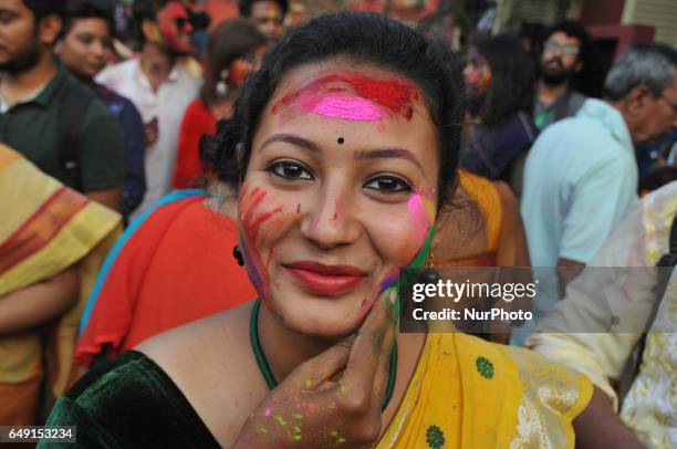 Rabindra Bharati University Students celebrating Basanta Utsav and Holi ,Color Festival at the Jorasanko Rabindra Bharati University campus on March...