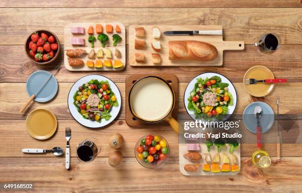 cheese fondue knolling style - chopping board from above stock pictures, royalty-free photos & images