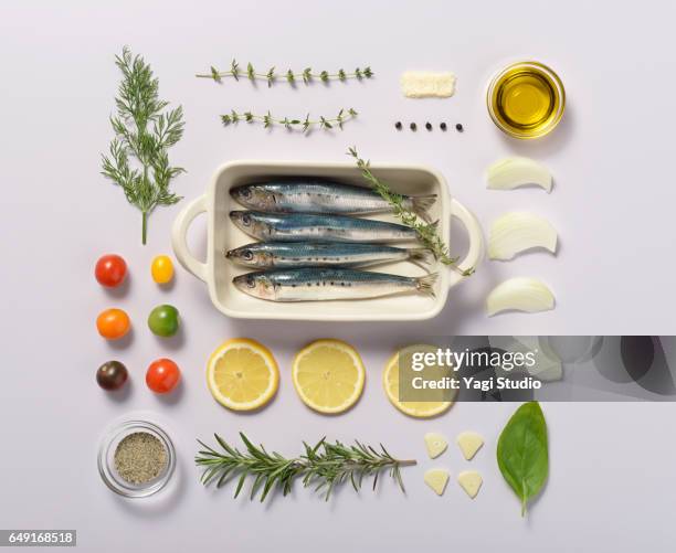 sardine oven grill knolling style - ingredient flatlay stock pictures, royalty-free photos & images