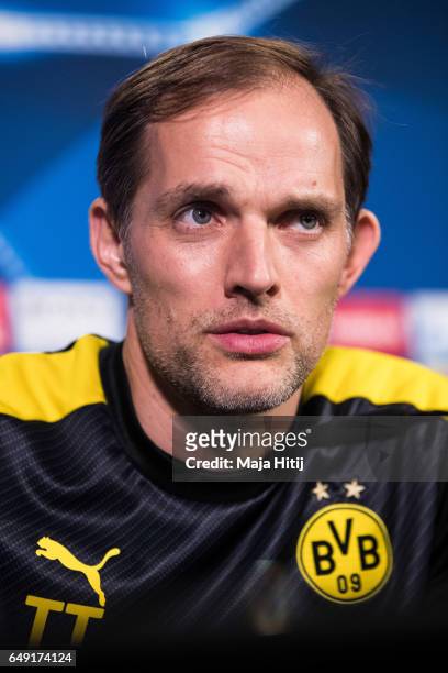 Head coach Thomas Tuchel of Dortmund speaks during a press conference prior the UEFA Champions League Round of 16 second leg match between Borussia...
