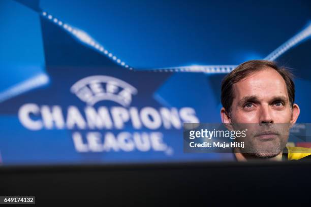 Head coach Thomas Tuchel of Dortmund looks on during a press conference prior the UEFA Champions League Round of 16 second leg match between Borussia...