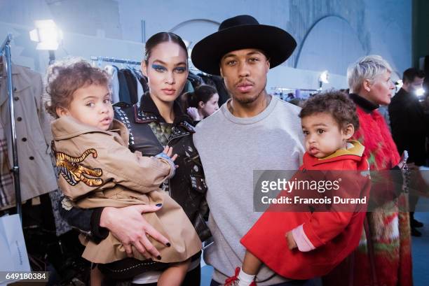 Model Amanda Harvey poses with her husband Jason Harvey and kids Rose and Noah backstage before the Leonard Paris show as part of the Paris Fashion...