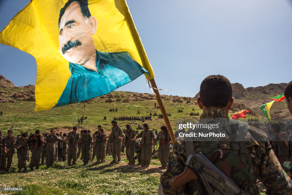 Kurdish militias in Sinjar, Iraq, celebrating the birthday of Abdullah Ocalan