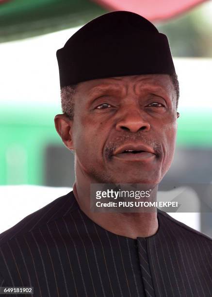 Nigeria's Acting President Yemi Osinbajo speaks at the ground breaking for the construction Lagos-Ibadan rail line project at the Ebute-Metta...