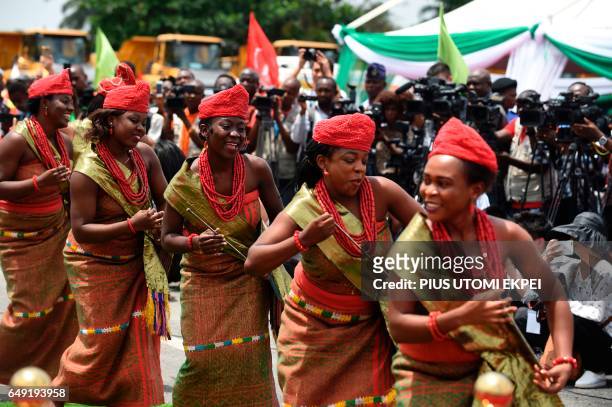 Cultural troupe performs during the ground breaking for the construction of the Lagos-Ibadan rail line project at the Ebute-Metta headquarters of the...
