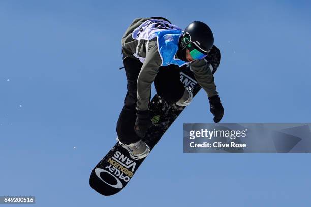 Rowan Coultas of Great Britain in action during slopestyle training during previews of the FIS Freestyle Ski & Snowboard World Championships on March...