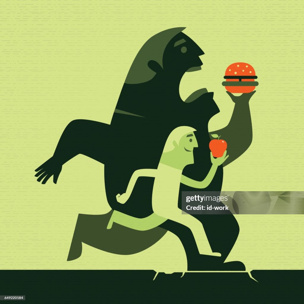 Homens com maçã e hamburger executando silhueta