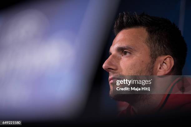 Andreas Samaris of Benfica looks on during the press conference prior the UEFA Champions League Round of 16 second leg match between Borussia...