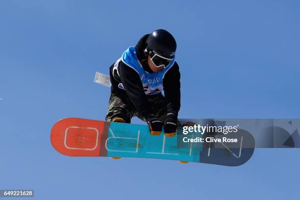 Simon Gschaider of Austria in action during slopestyle training during previews of the FIS Freestyle Ski & Snowboard World Championships on March 7,...