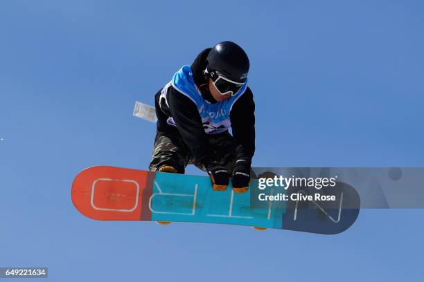 Simon Gschaider of Austria in action during slopestyle training during previews of the FIS Freestyle Ski & Snowboard World Championships on March 7,...