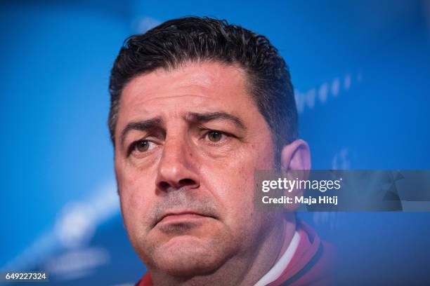 Head coach Rui Vitoria of Benfica looks on during the press conference prior the UEFA Champions League Round of 16 second leg match between Borussia...