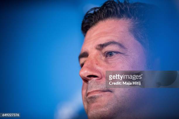 Head coach Rui Vitoria of Benfica looks on during the press conference prior the UEFA Champions League Round of 16 second leg match between Borussia...