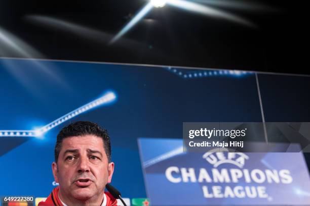 Head coach Rui Vitoria of Benfica speaks during the press conference prior the UEFA Champions League Round of 16 second leg match between Borussia...