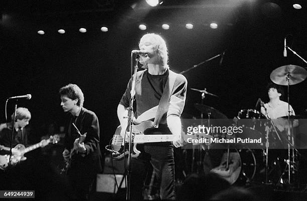 American power pop band, 20/20, performing on stage, January 1980. Left to right: Chris Silagyi, Steve Allen, Ron Flynt and Joel Turrisi.