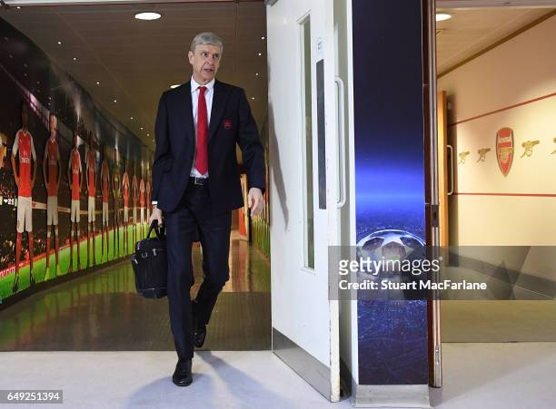 Arsenal manager Arsene Wenger arrives at the home changing room before the UEFA Champions League Round of 16 second leg match between Arsenal FC and...