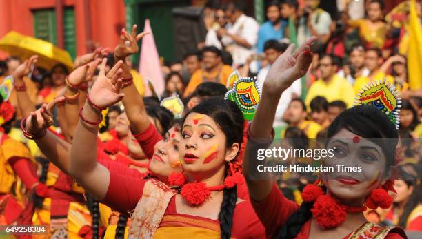 Celebration of' Basanta Utsav' by students of Rabindra Bharati University at Jorasanko Campus on March 7, 2017 in Kolkata, India.