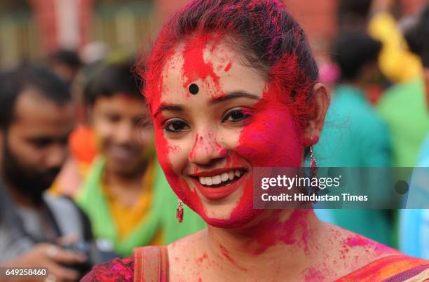 Celebration of' Basanta Utsav' by students of Rabindra Bharati University at Jorasanko Campus on March 7, 2017 in Kolkata, India.