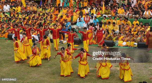 Celebration of' Basanta Utsav' by students of Rabindra Bharati University at Jorasanko Campus on March 7, 2017 in Kolkata, India.