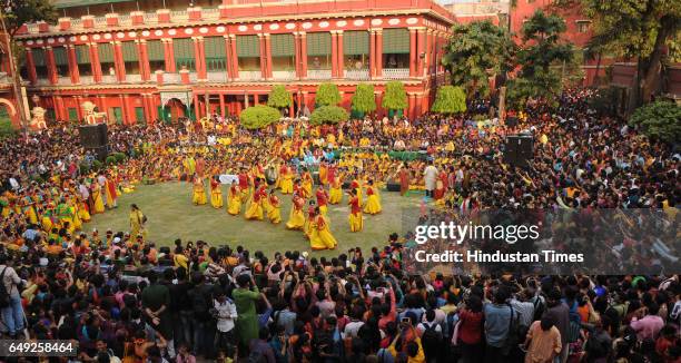 Celebration of' Basanta Utsav' by students of Rabindra Bharati University at Jorasanko Campus on March 7, 2017 in Kolkata, India.