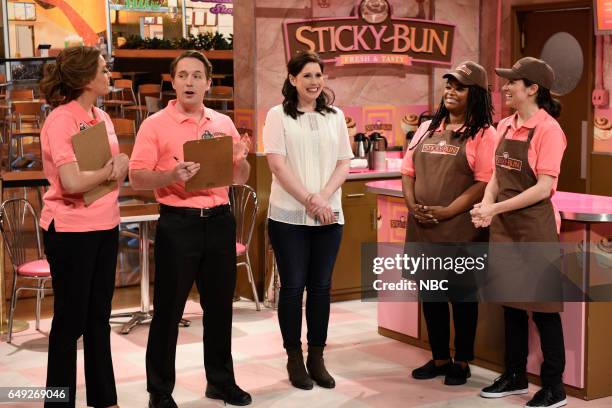 Octavia Spencer" Episode 1719 -- Pictured: Cecily Strong, Beck Bennett, Vanessa Bayer, Octavia Spencer, and Melissa Villaseñor during the "Sticky...