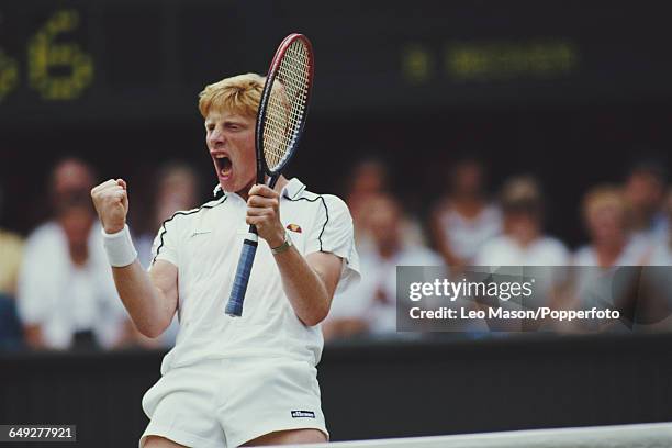 German tennis player Boris Becker pictured in action competing against Ivan Lendl in the final of the Men's Singles tournament at the Wimbledon Lawn...