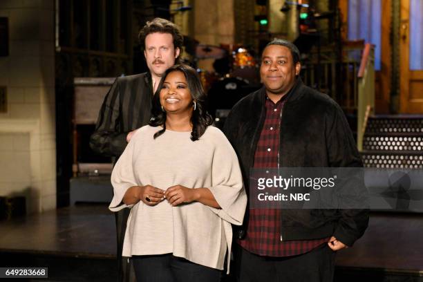 Octavia Spencer" Episode 1719 -- Pictured: Musical guest Father John Misty, host Octavia Spencer, and Kenan Thompson pose in Studio 8H on March 2,...