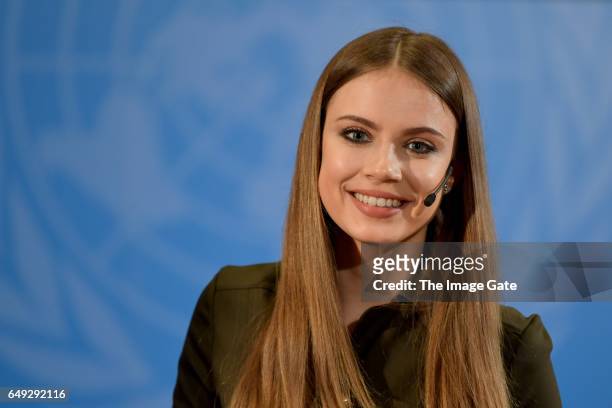 Xenia Tchoumitcheva speaks at the United Nations Office at Geneva on March 7, 2017 in Geneva, Switzerland. To celebrate International Women's Day the...