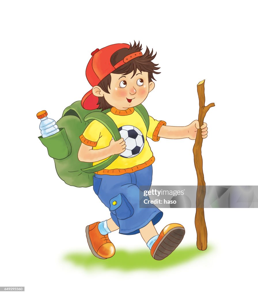 A Happy Cute Boy Climbing A Mountain Hiking Illustration For Children Funny  Cartoon Character High-Res Vector Graphic - Getty Images