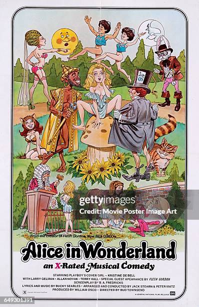 Image contains suggestive content.)A poster for the pornographic film 'Alice in Wonderland: An X-Rated Musical Comedy', directed by Bud Townsend and...