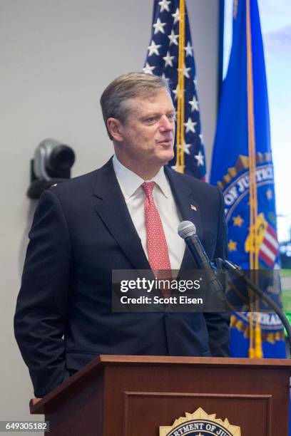 Massachusetts Governor Charlie Baker attends the opening of FBI Boston Headquarters on March 7, 2017 in Chelsea, Massachusetts. Director Comey was in...