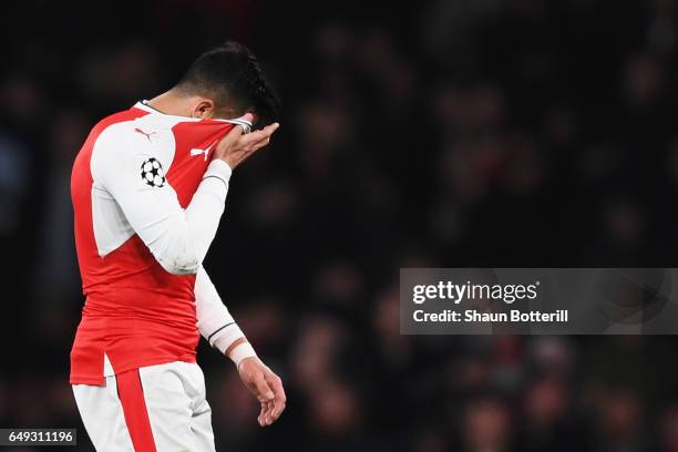 Alexis Sanchez of Arsenal reacts at half time during the UEFA Champions League Round of 16 second leg match between Arsenal FC and FC Bayern Muenchen...